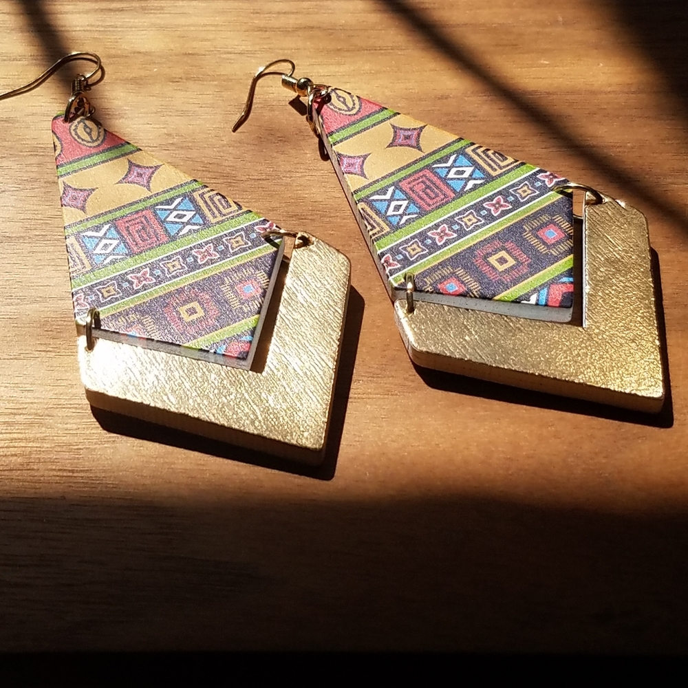 Wood Printed Design Drop Earrings